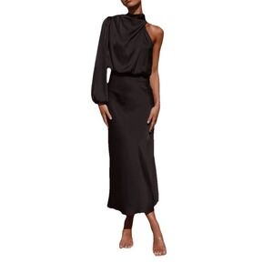 Billy J Esther One Shoulder Long Sleeve Maxi Halter Dress Black Women's Size‎ 10